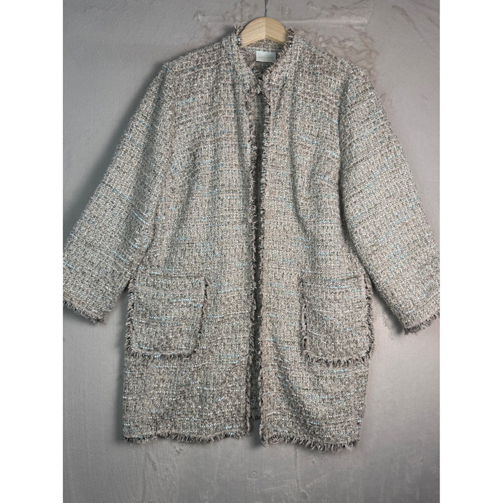 Chico's Tweed Fringe Topper Jacket Women Size 3 XL Beige Gold Open Front Coat - Picture 2 of 11